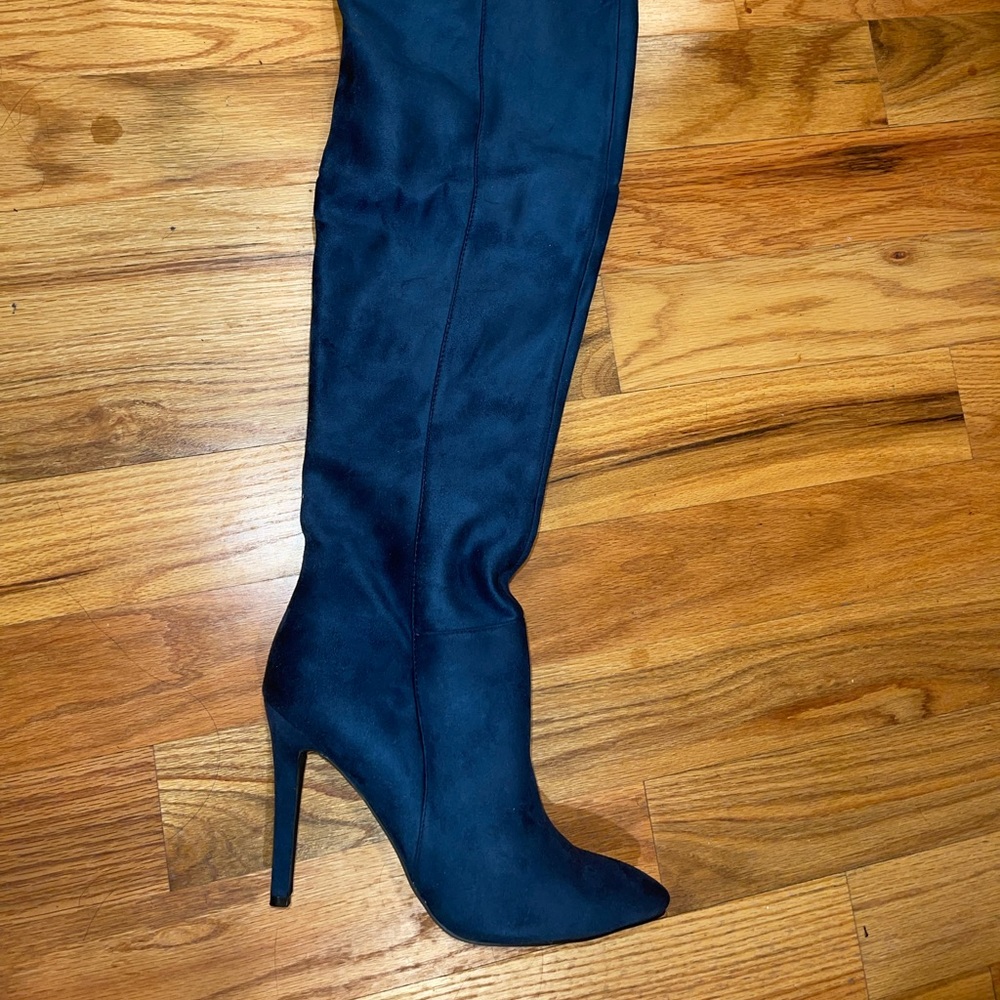 Navy blue faux suede over the knee boot